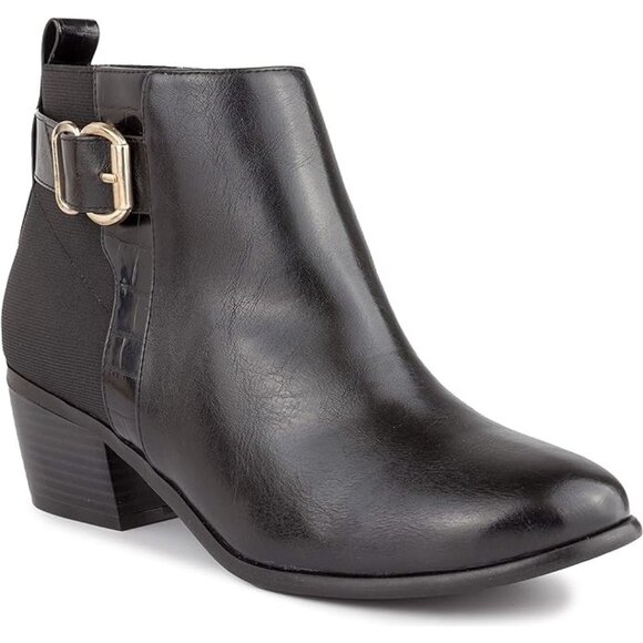London Fog Harmony Bootie 9 M Black Faux Leather Stacked Heel Ankle Boot New - Picture 1 of 9